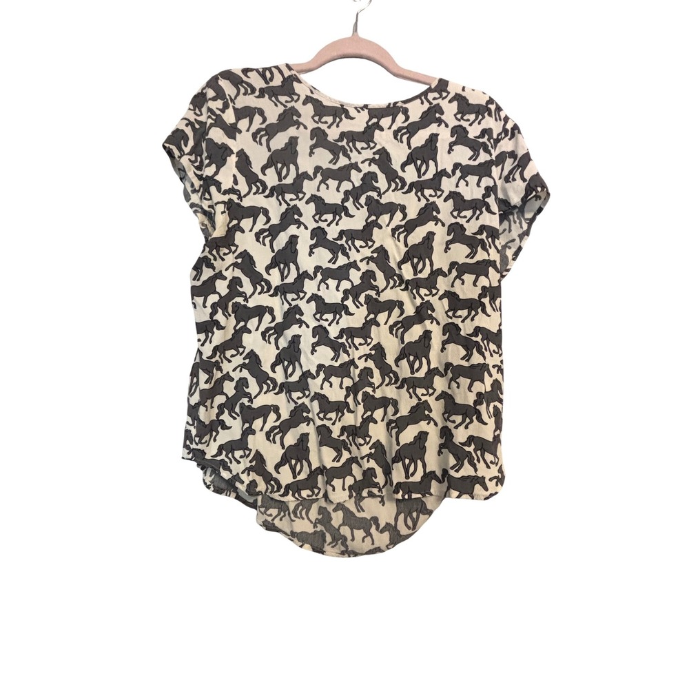 HM Womens Horse Print Short Sleeve Blouse Black White Viscose‎ Top